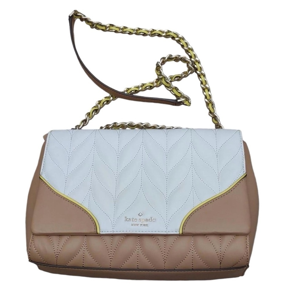 Kate Spade New York white and beige with a yellow trim leather bag